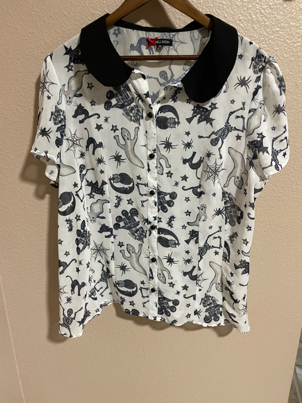 Hell Bunny Halloween Print Button-Front Blouse with Black Peter Pan Collar